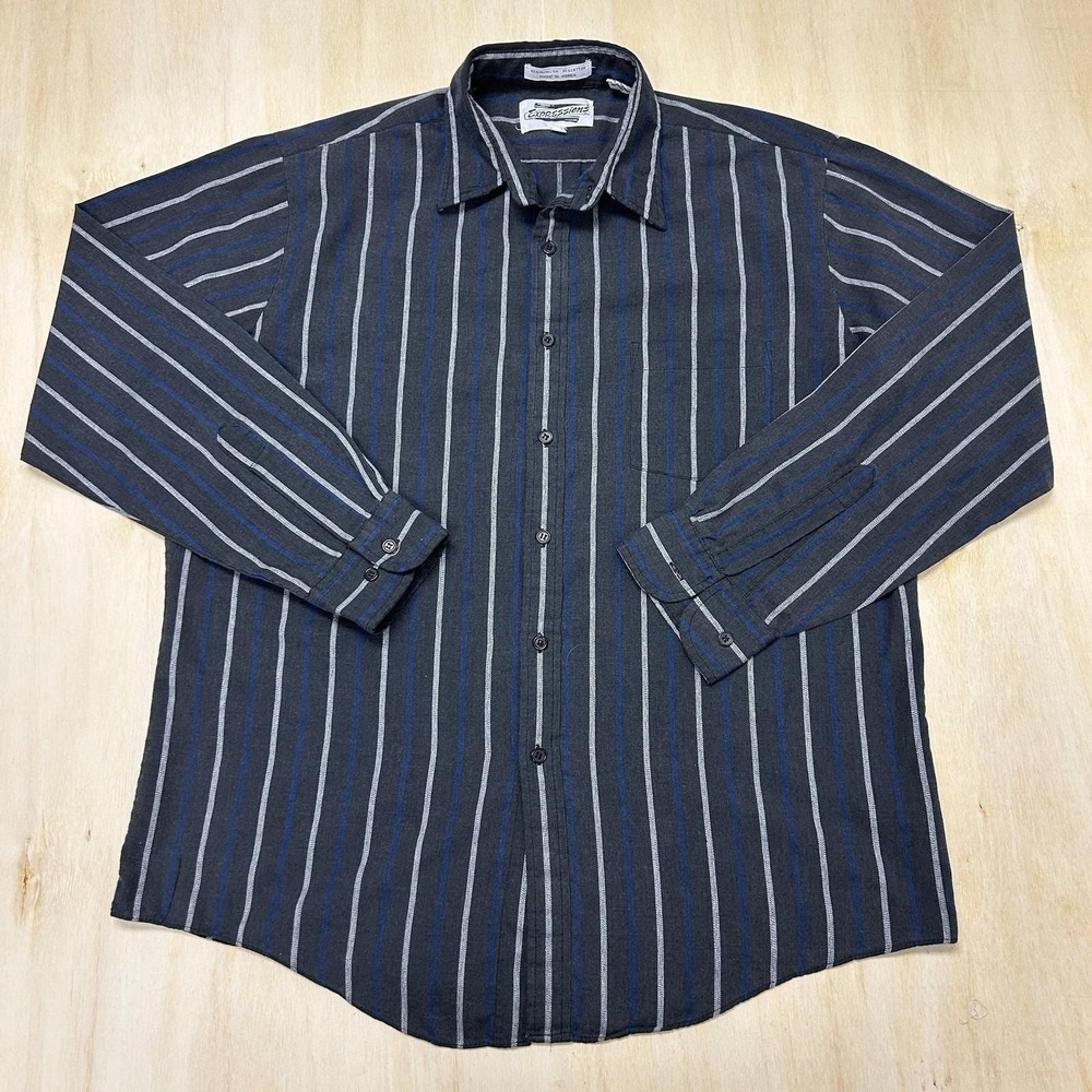 Vintage 90s Expression Shirt Mens XL Gray Striped Long Sleeve Button Up Woven